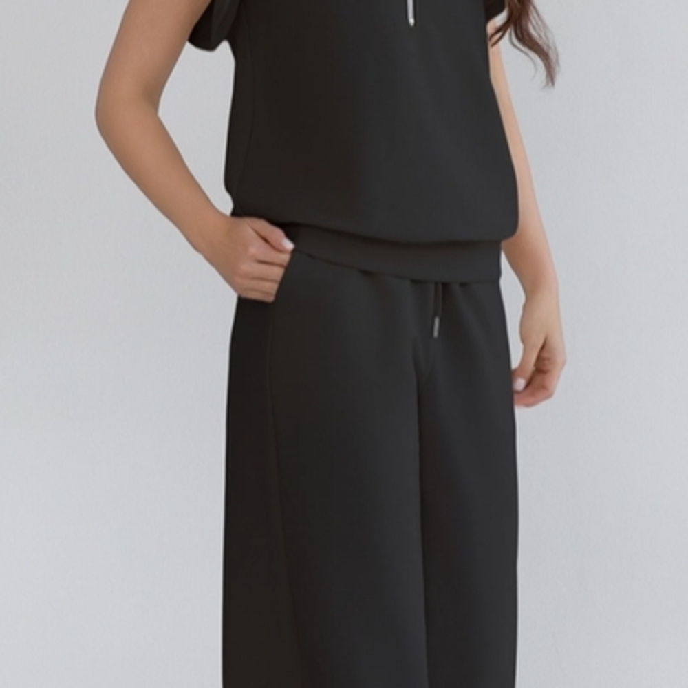 Elegant Black Jumpsuit Textured Ruffle Sleeve Half Zip Top And Wide Leg Pant